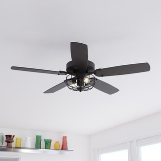 Reed 48 in. Matte Black Ceiling Fan, Reversible Dark Bronze-Driftwood Blades, LED Light Kit, Pull Chain, Metal Cage Drum Shade