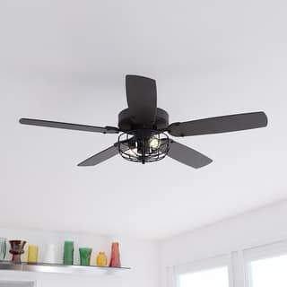 Reed 48 in. Matte Black Ceiling Fan, Reversible Dark Bronze-Driftwood Blades, LED Light Kit, Pull Chain, Metal Cage Drum Shade