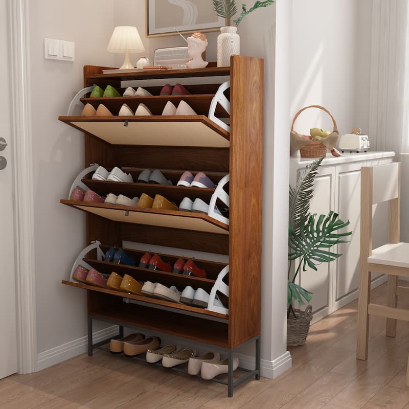 Wooden Shoe Storage Cabinet with triple-tier flip-up drawer