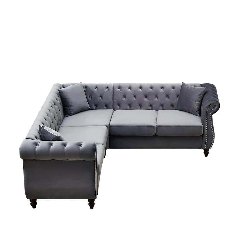 5-Seater Velvet L-Shaped Sectional Sofa with 3 Pillows and Wood Frame