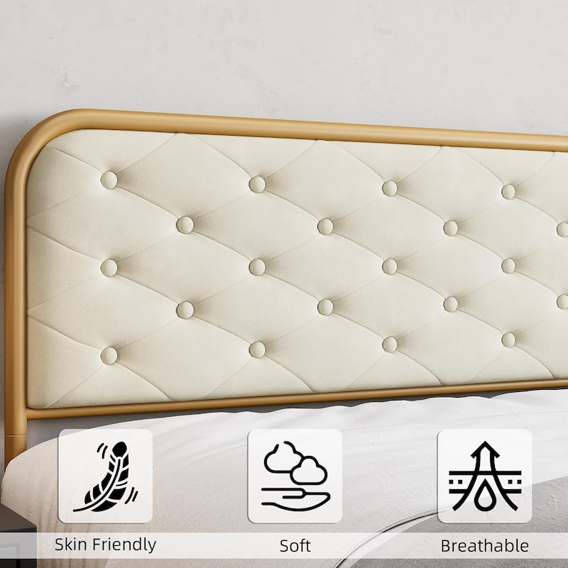 Velvet King Bed Frame with Golden Base, Curved Button Tufted Headboard, Sturdy Wood Slats, Noise-Free Platform