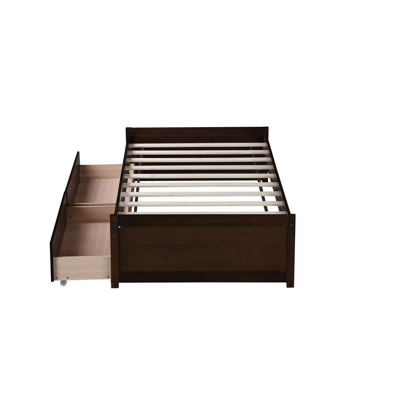 Wooden Twin Size Kids Bed with 2 Drawers, Solid Rubber Wood Platform Bed Frame, No Box Spring Needed