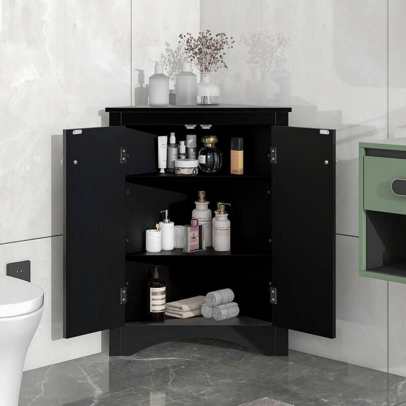 Triangle Bathroom Freestanding Storage Cabinet with Adjustable Shelves - Black