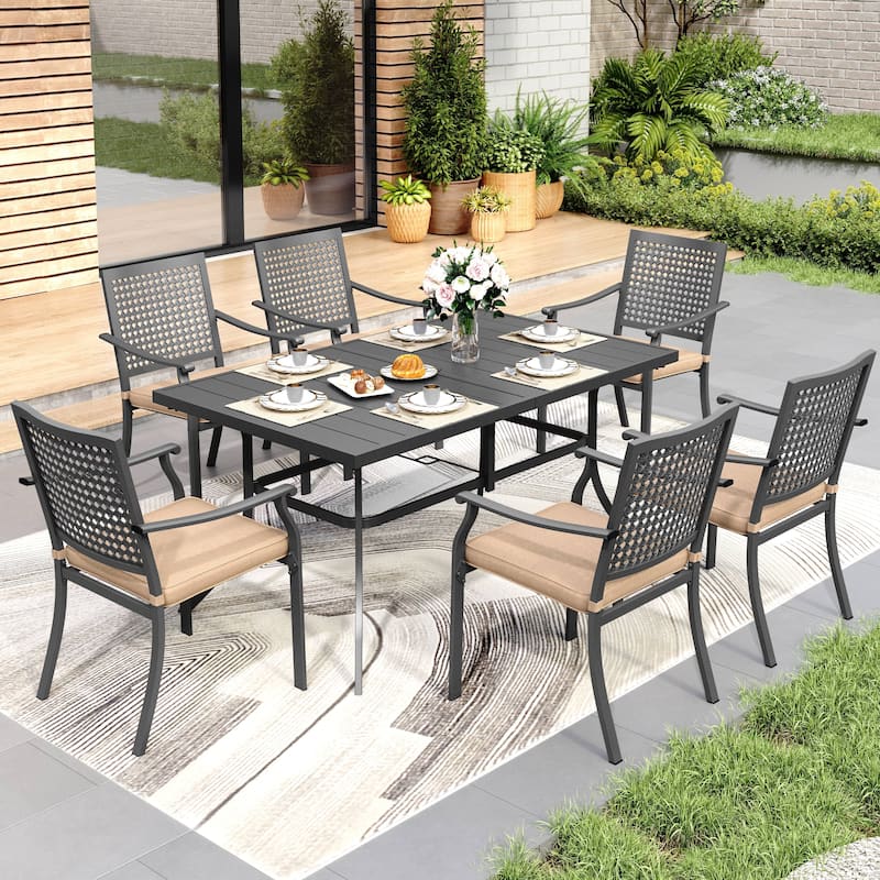 MAISON ARTS 7-Piece Patio Dining Set Metal E-coating & Stackable Patio Dining Chairs - Black