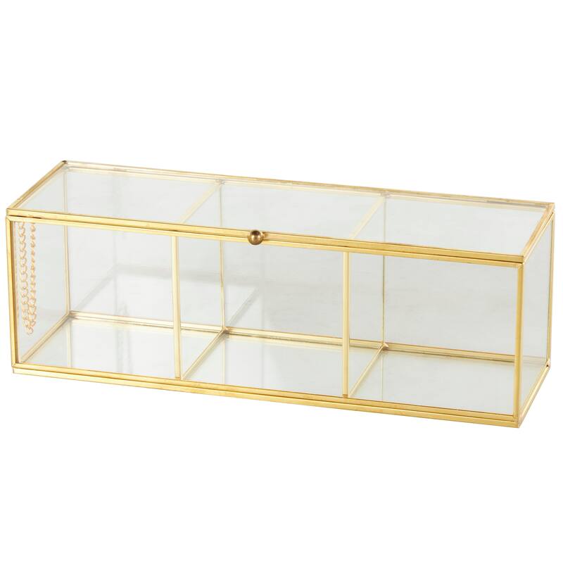 Clear Glass Slim Rectangular 3 Slot Decorative Jewelry Box with Gold Metal Frame and Chain Accent
