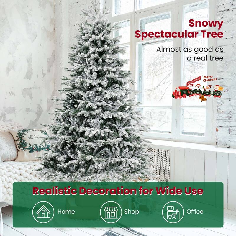 Costway 4.5 FT/6FT/7FT Pre-Lit Christmas Tree Snow Flocked Hinged Xmas
