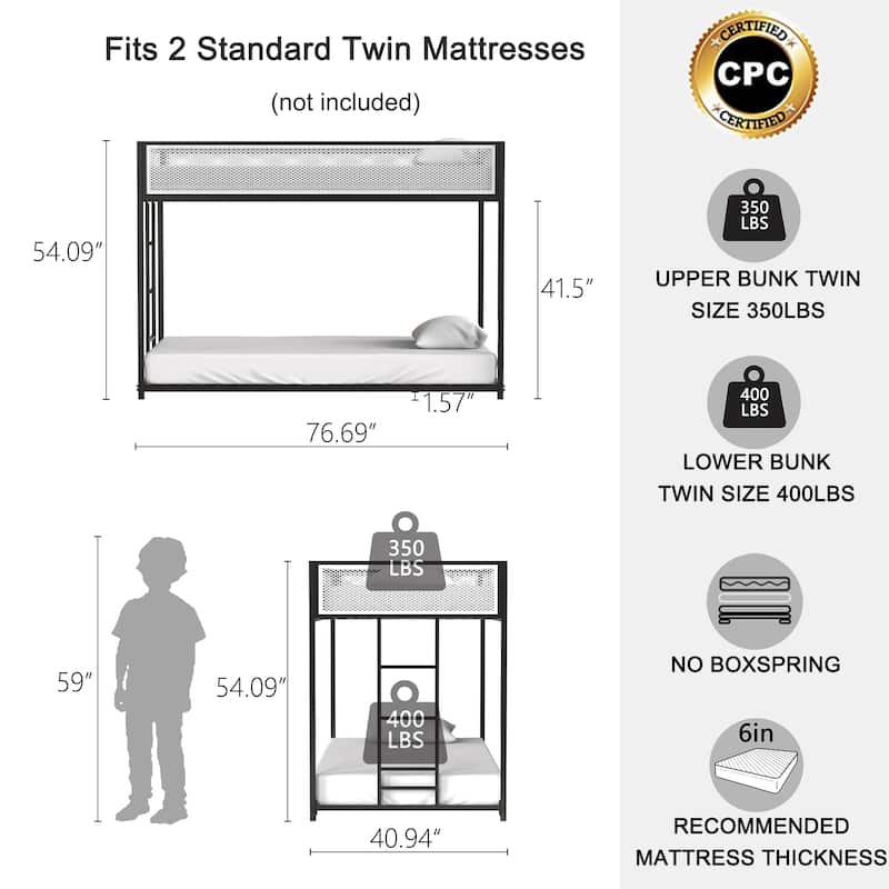 Low Profile Twin Over Twin Metal Bunk Bed with Safety Guard Rails and Exchangeable Ladder
