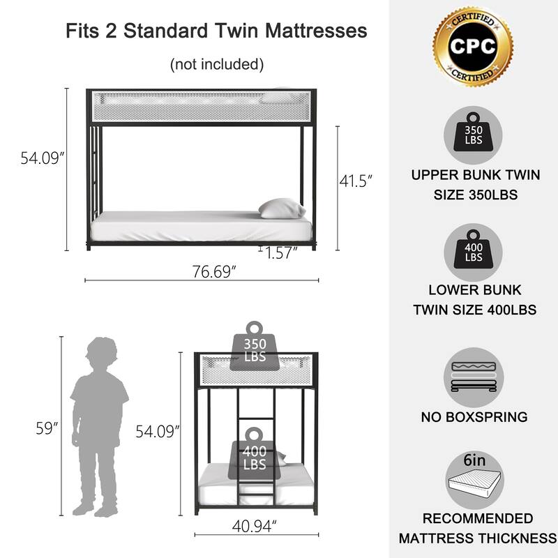 Twin over Twin Metal Bunk Bed with White Mesh Guardrails and Interchangeable Ladder