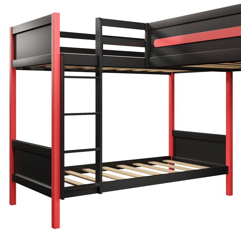 Gamer-Inspired Design L-Shaped Twin Over Twin Bunk Bed Teens Gaming Loft Bed with Desk, Shelves and LED Strip Lighting for Boys