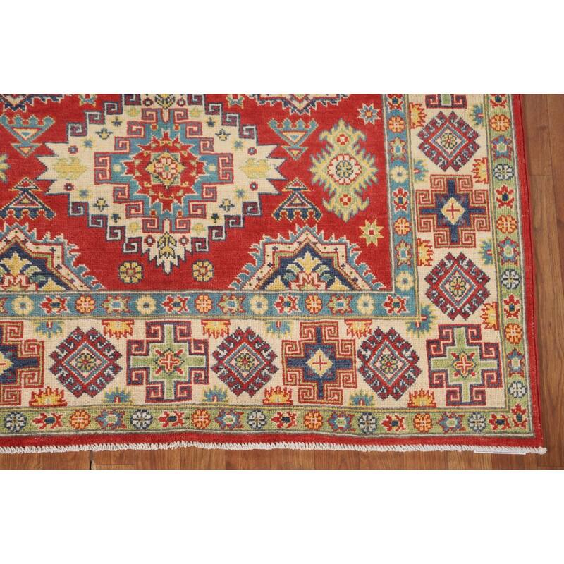 Geometric Red Kazak Area Rug Hand-Knotted Traditional Wool Carpet - 4'11" x 7'1"