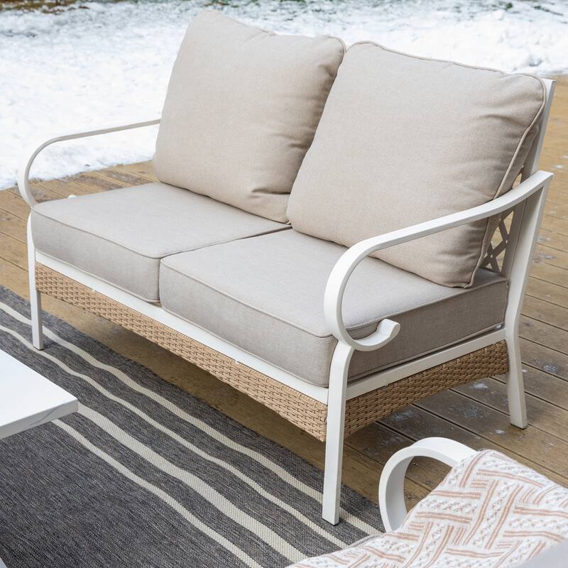 MAISON ARTS 7-Seat Patio Conversation Set, 2/4 x Cushioned Metal Chair, 1 x 2-Seat Sofa,1 x 3-Seat Sofa with Coffee Table
