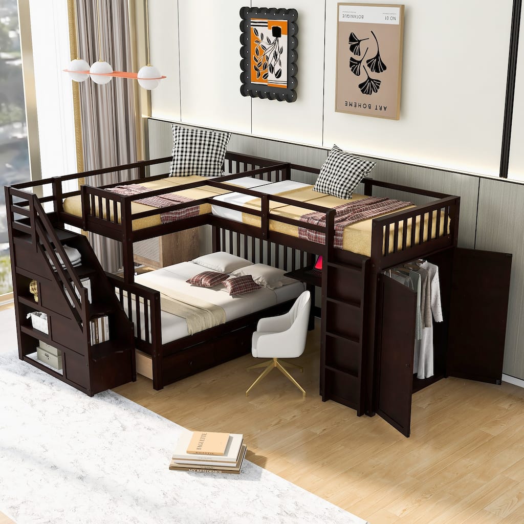 Twin-Twin over Full L-Shaped Bunk Bed With 3 Drawers, Portable Desk and Wardrobe, Espresso