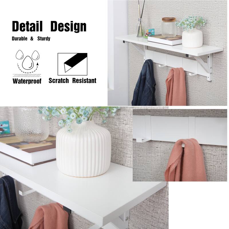 Wall Mounted Floating Coat Rack with Hooks Space Saving Entryway, Hallway, Bathroom Storage Organizer for Keys, Hats & Jackets