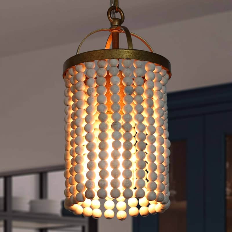 Alisar Mid-century Modern Gold Mini Pendant Light French Country Distressed White Wood Beads for Kitchen Island