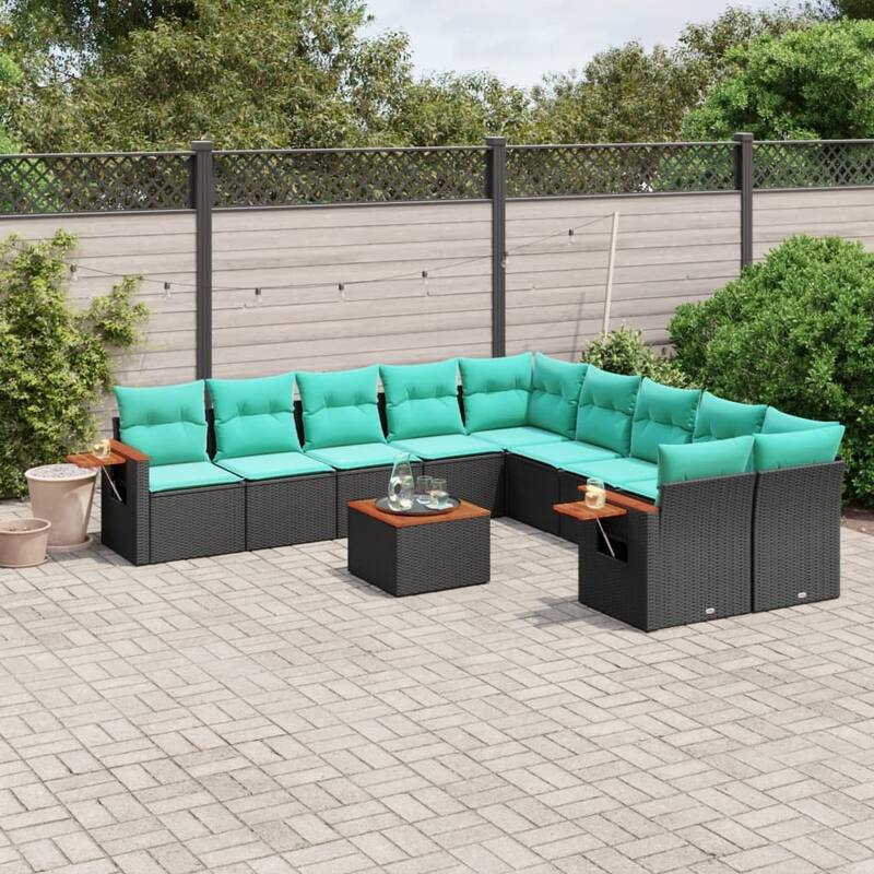 vidaXL 11 Piece Patio Sofa Set with Cushions Black Poly Rattan (US only) - 24.4 x 24.4 x 27.2
