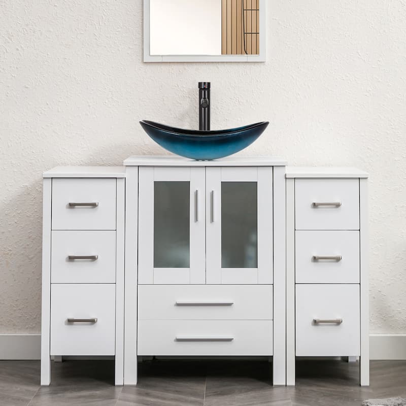 48" Bathroom Vanity Set Vessel Sink Faucet W/ Small Cabinet Combo - Glass blue boat sink - White