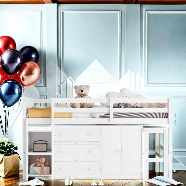 slide 2 of 11, Kids Twin Loft Bed With Pull-Out Desk, Drawers, Cabinet, And Shelves, Space-Saving, Easy Assembly White