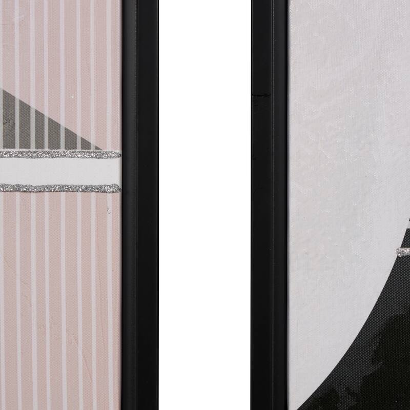 White Canvas Mid Century Modern Geometric Abstract Framed Wall Art with Gold Foil Accents (Set of 2)