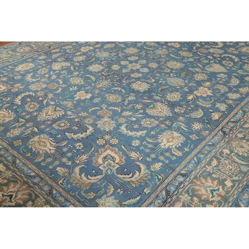Distressed Blue Floral Tabriz Persian Area Rug Handmade Wool Carpet - 9'1"x 12'4"