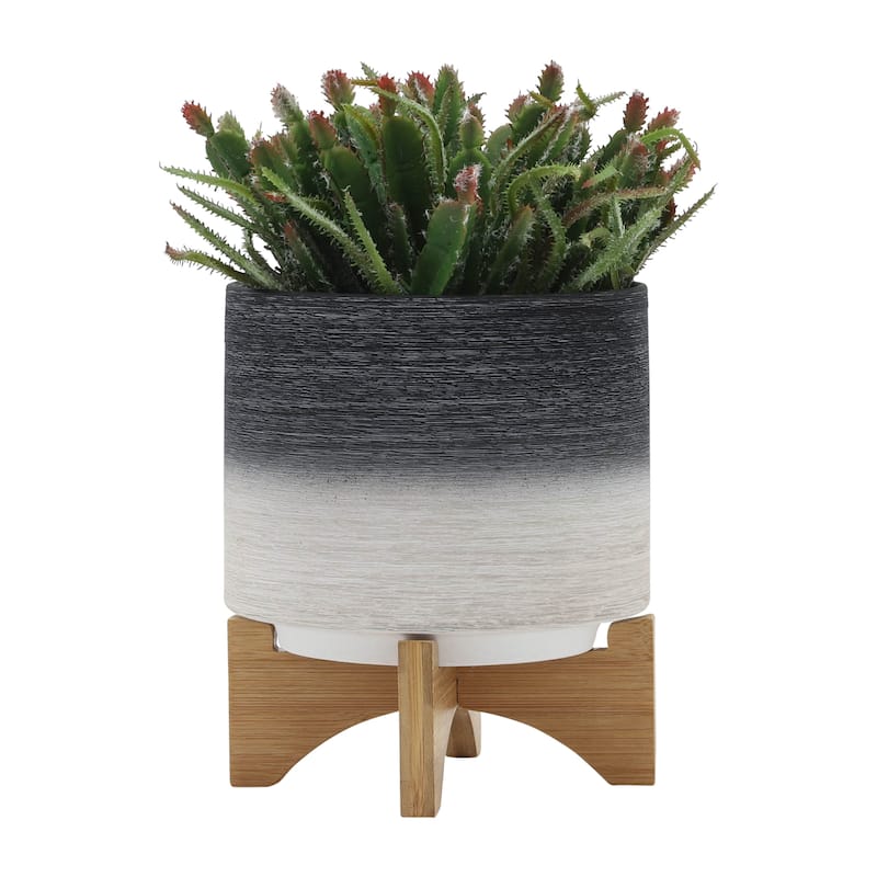 Sagebrook Home Modern Neutral Two Toned Ceramic Planter with Solid Rubberwood Stand - 8"Lx8"Wx9"H - Grey