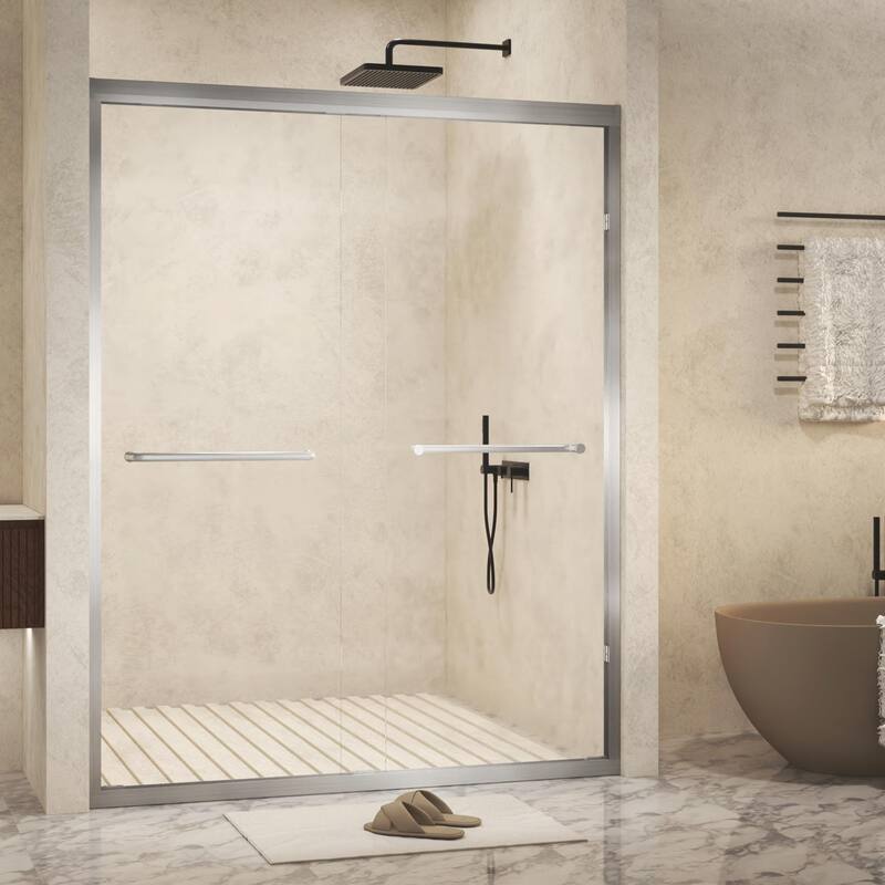 Aluminum Frame Double Sliding Shower Door, 1/4" Tempered Glass with Explosion-Proof Film & Stainless Steel Handle