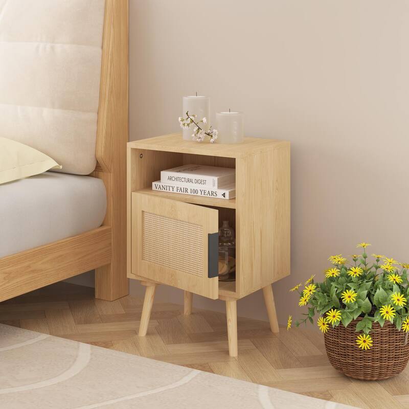 15.75 in Rattan with Door Open Shelf Nightstand