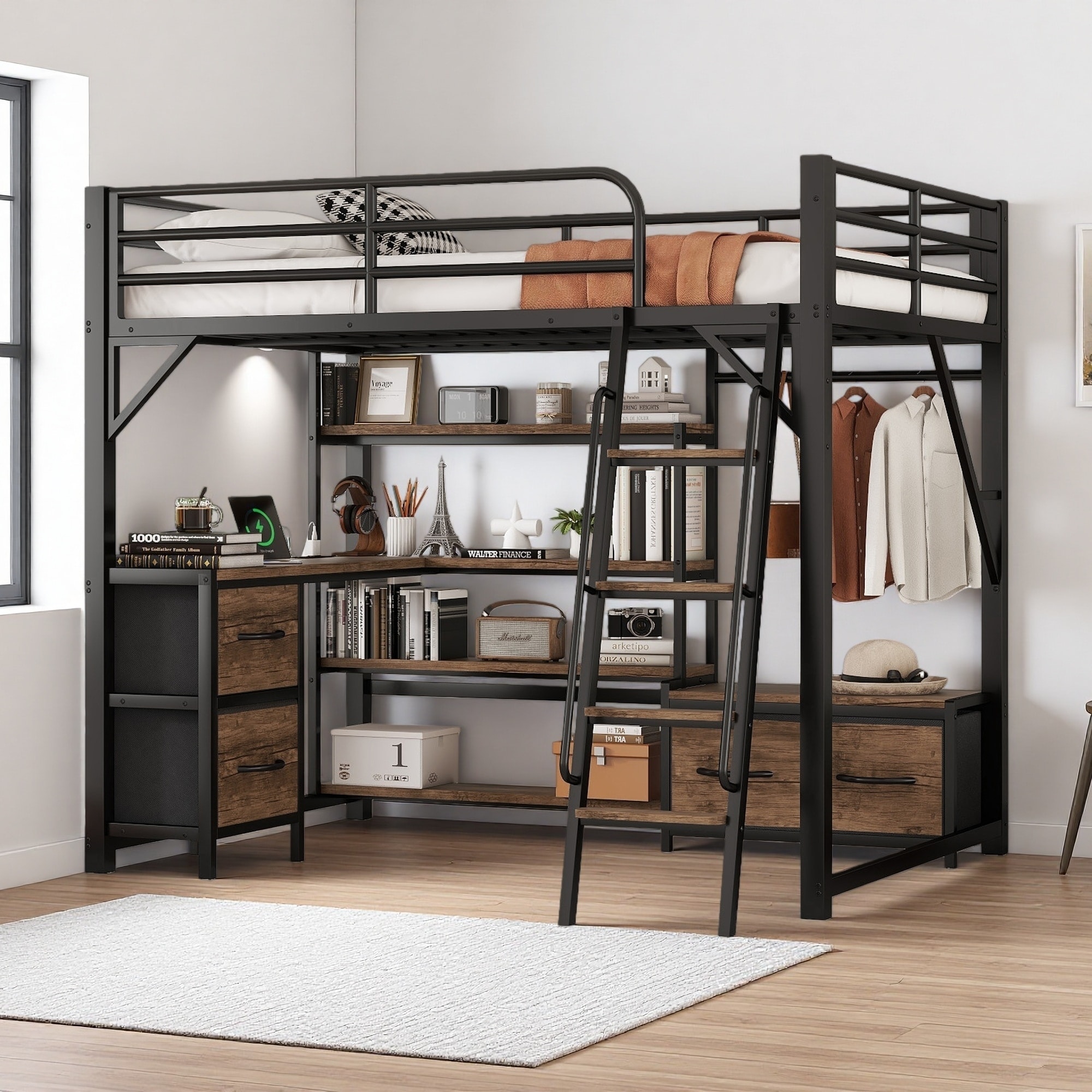 Queen Metal Loft Bed with Desk & Wardrobe