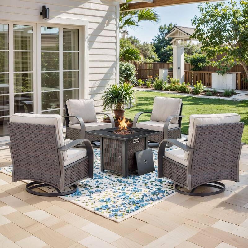 Propane Fire Pit with Outdoor Patio Funiture Set - Brown Rattan - Beige Cushion - 4 Swivel Chair with Fire Table
