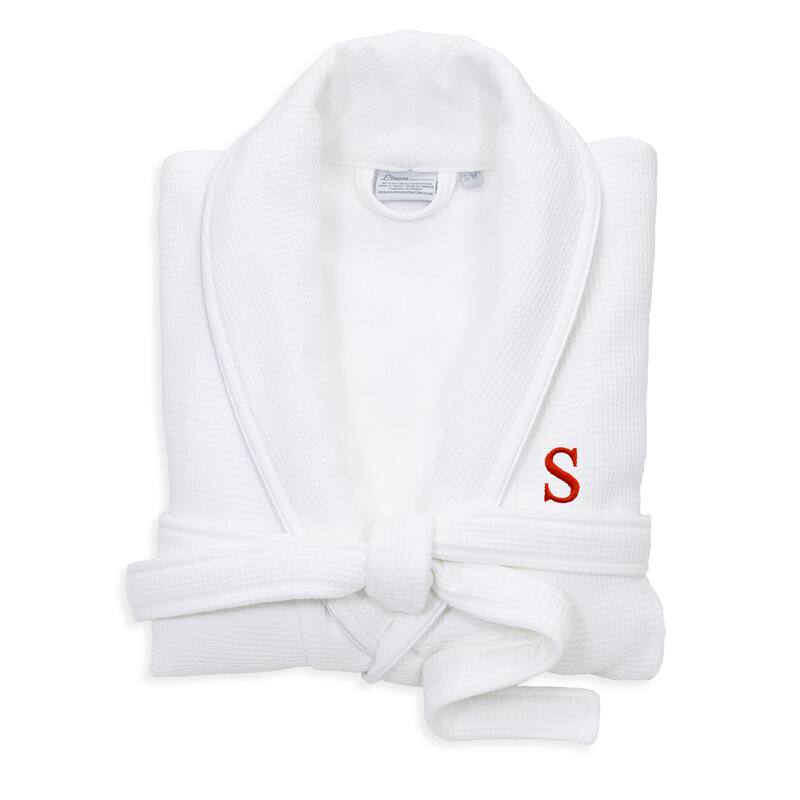 Authentic Hotel and Spa White Unisex Turkish Cotton Waffle Weave Terry Bath Robe with Red Block Monogram - L/XL - S