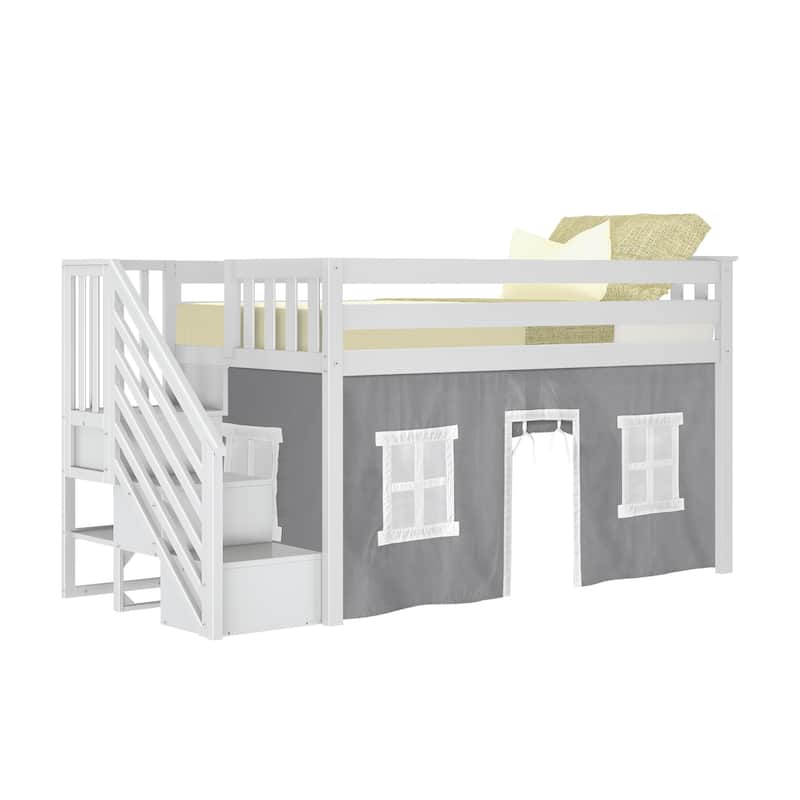 Max and Lily Twin Low Loft with Stairs and Curtains