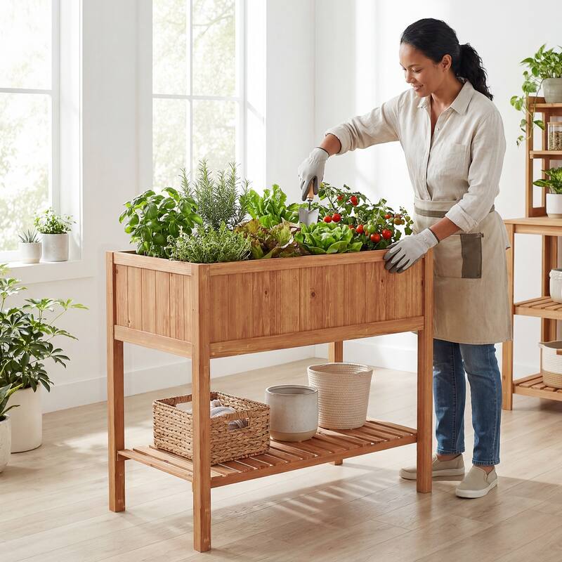 Gymax 2PCS Wooden Raised Garden Bed w/ Legs Liner Storage Shelf Large