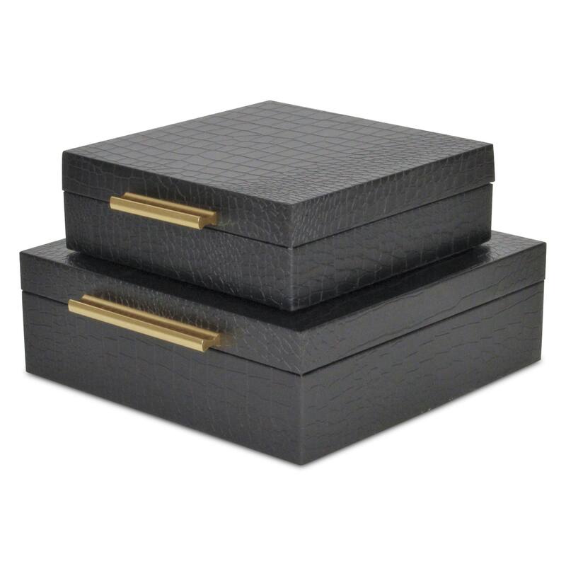 Set of 2 Black Square Faux Croco Decorative Box with Handles 9.75"