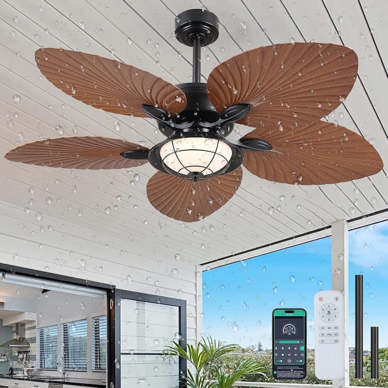 44"/52" Palm Leaf Tropical Ceiling Fan with Light,Indoor and Outdoor Ceiling Fan,Waterproof for Covered Porch