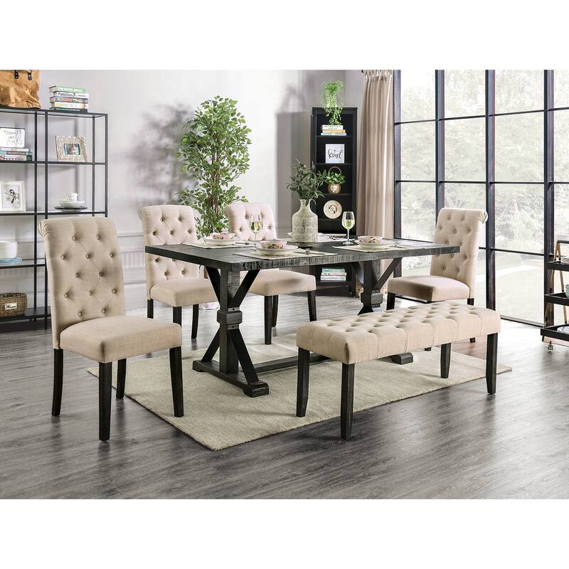 1PC BENCH Button Tufted Linen Like Fabric Solid wood