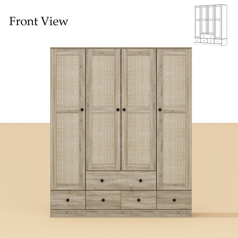 Natural Charm Wooden Armoire - Breathable Rattan Design Ample Storage