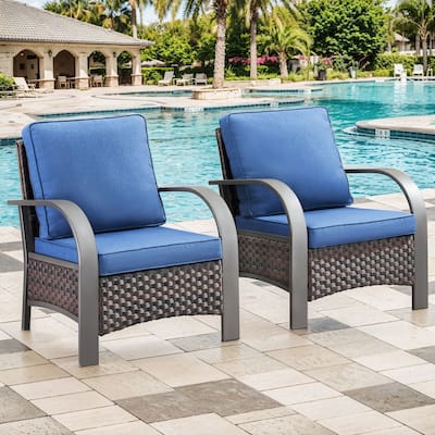 Outdoor Dining Chairs Wicker Patio Chairs - Blue Cushion - Brown
