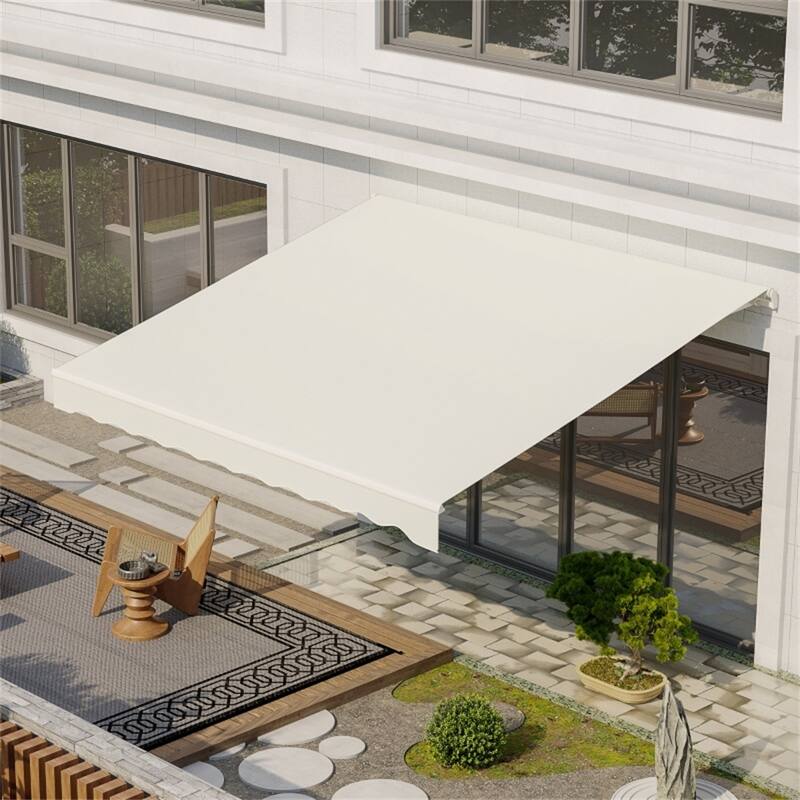 Cream White Aluminum Steel Polyester Patio Awning with Remote and Tilt - 118" L x 141.75" W