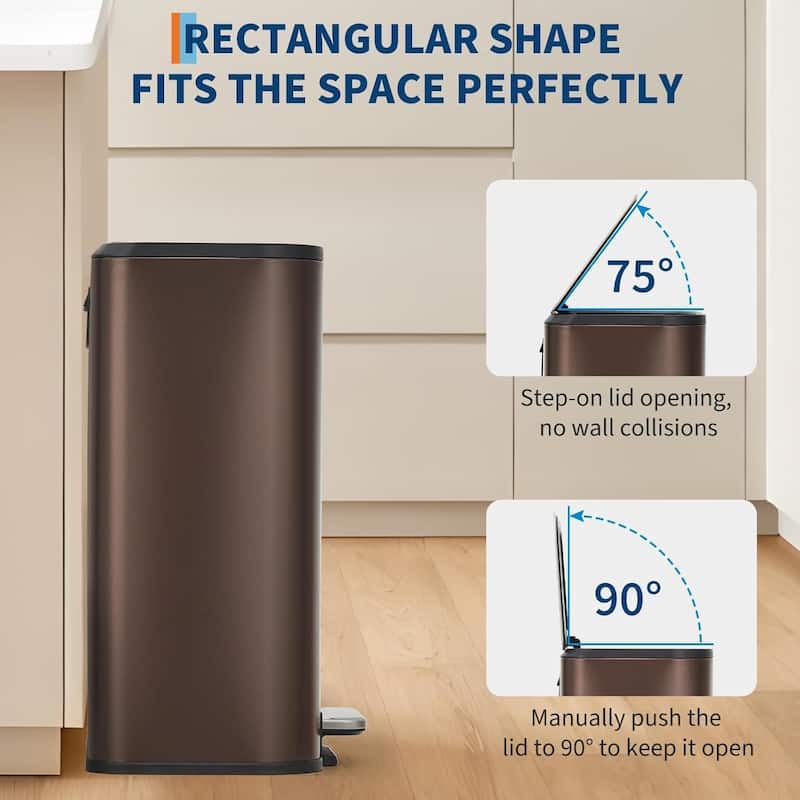 3.2 Gallon Stainless Steel Step Trash Can with Soft Close Lid and Removable Bucket Brown