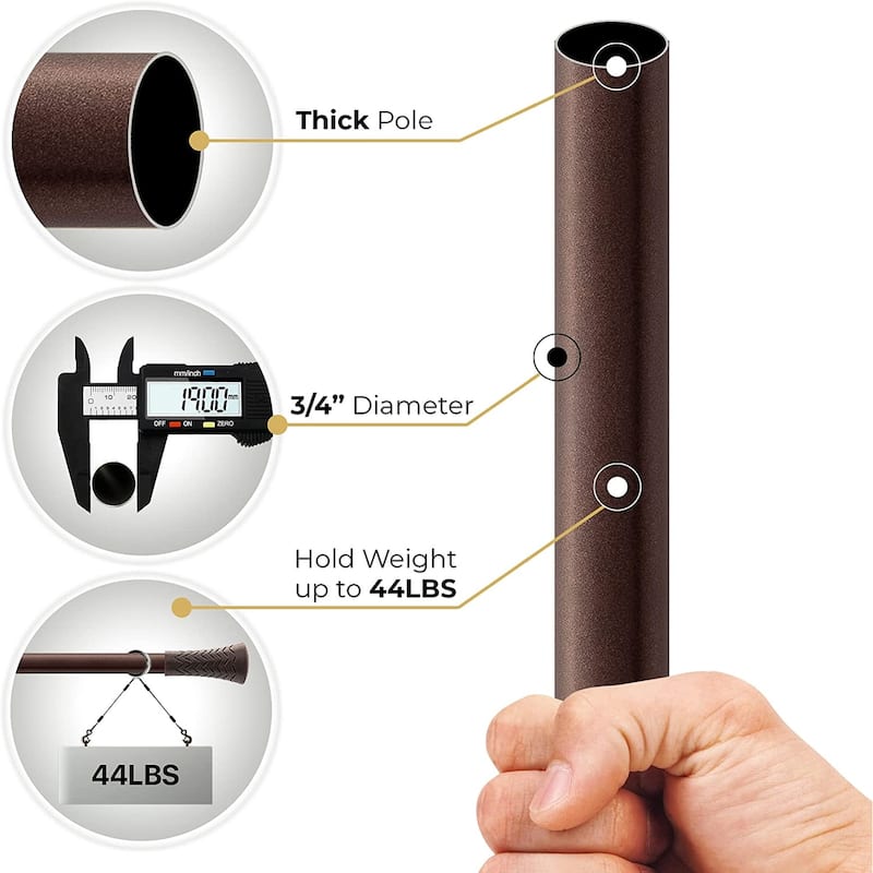 Extendable Curtain Rod for Door & Windows Adjustable Heavy Duty Iron Drapery Pole with Wood Taper Finials (19mm Dia, Brown)