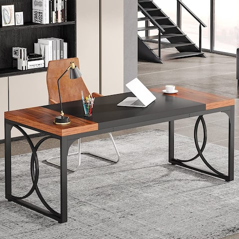 Thicken Wood Executive Desk, Large Office Desk with Metal Frame