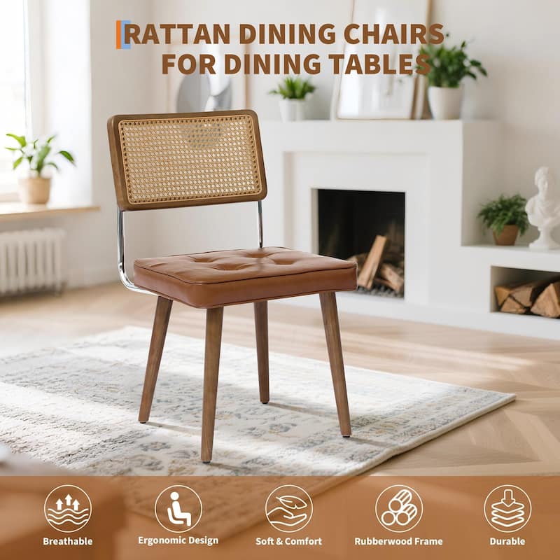 Midcentury Modern Dining Chairs of 2, PU Upholstered Kitchen Chairs with Tall Cane Backrest and Strong Wood Legs
