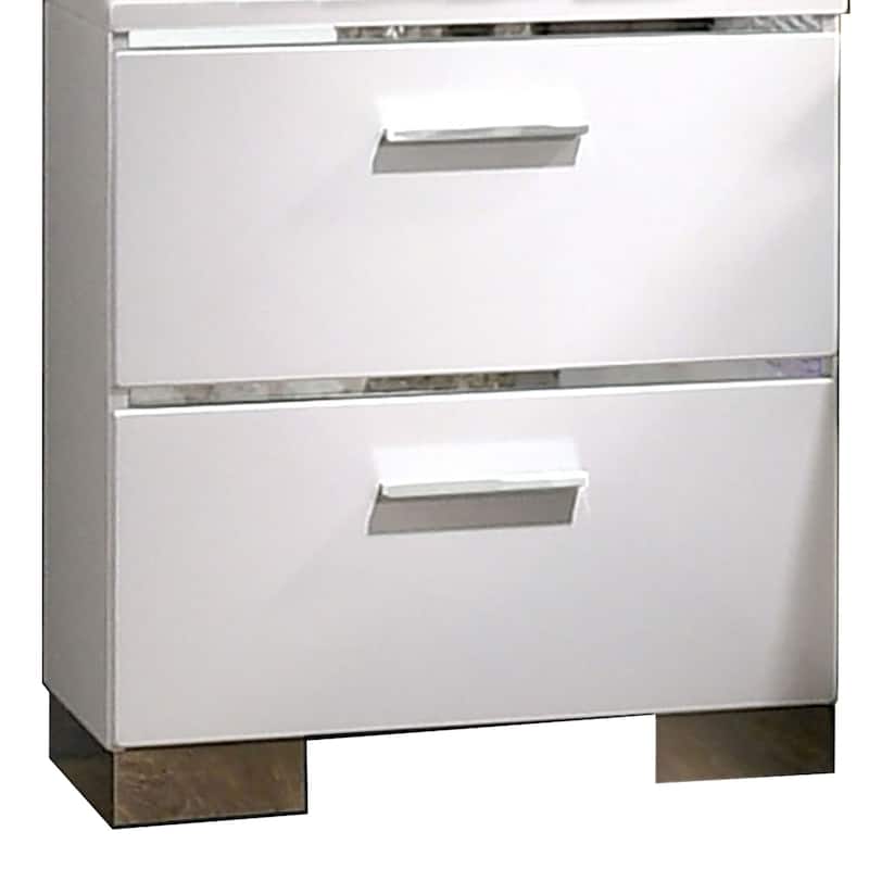 Wood and Metal Nightstand with 2 Drawers, White and Silver