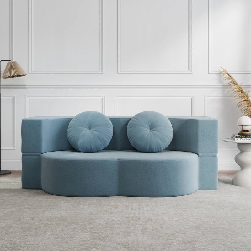 Modern Floor Sofa with 2 Pillows,Convertible Plush Corduroy Foam-Filled Sleeper Sofa Bed