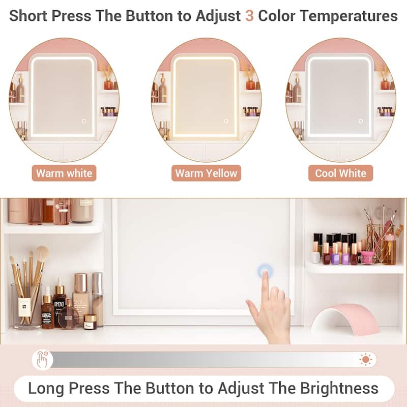 Vanity Table with LED Mirror, Kid's Makeup Vanity Desk with 2 Storage Drawers