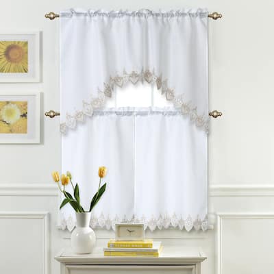 Home Décor Drapery Rod Pocket Lace Embroidered Kitchen Window Curtain Swag Valance and Tier Panel Set, Taupe White Floral