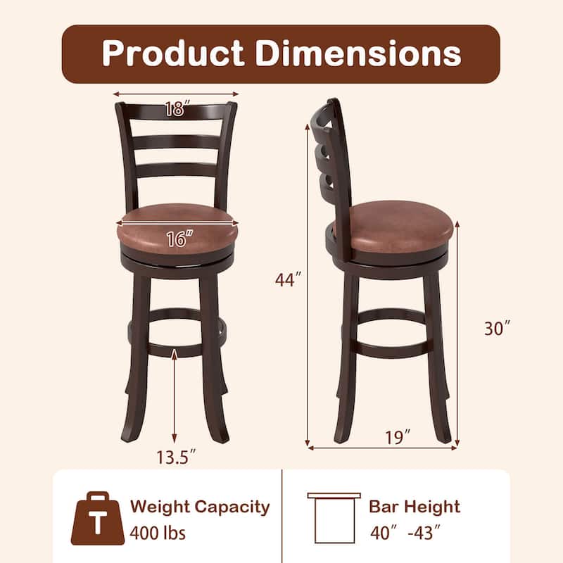 Costway 30” Bar Height Swivel Barstools Set of 2/4 with Back, Faux - Cappuccino