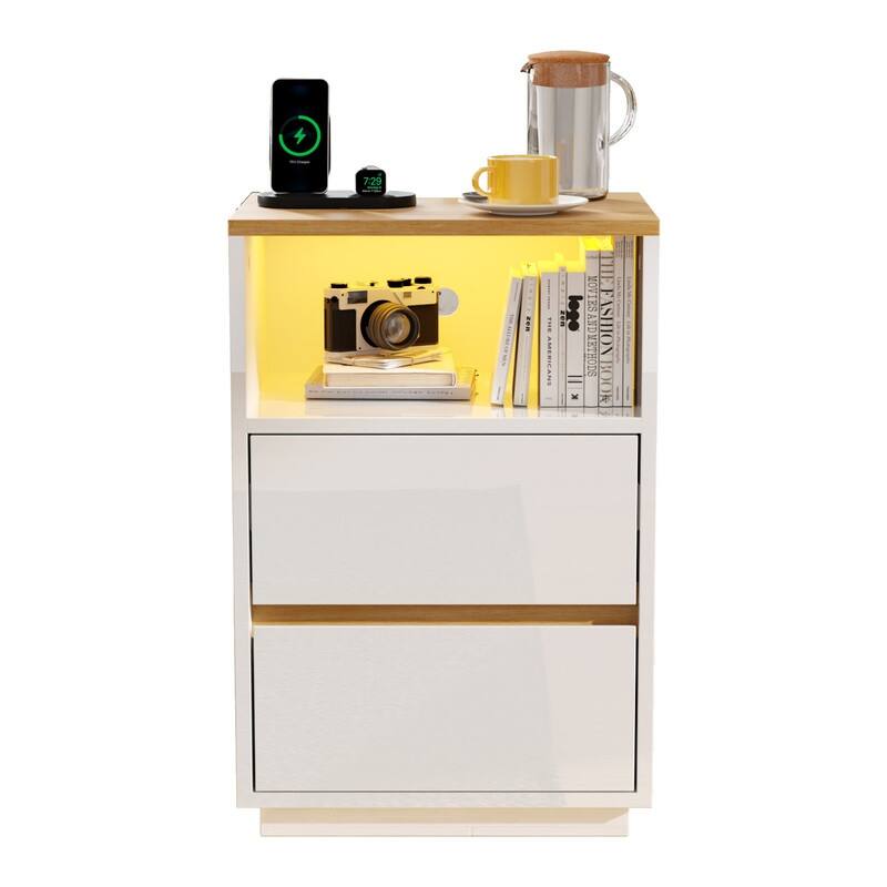 15.7 Inches W High Gloss White and Oak Nightstand 2 Drawers RGB Strip US Outlet 2USB+2AC