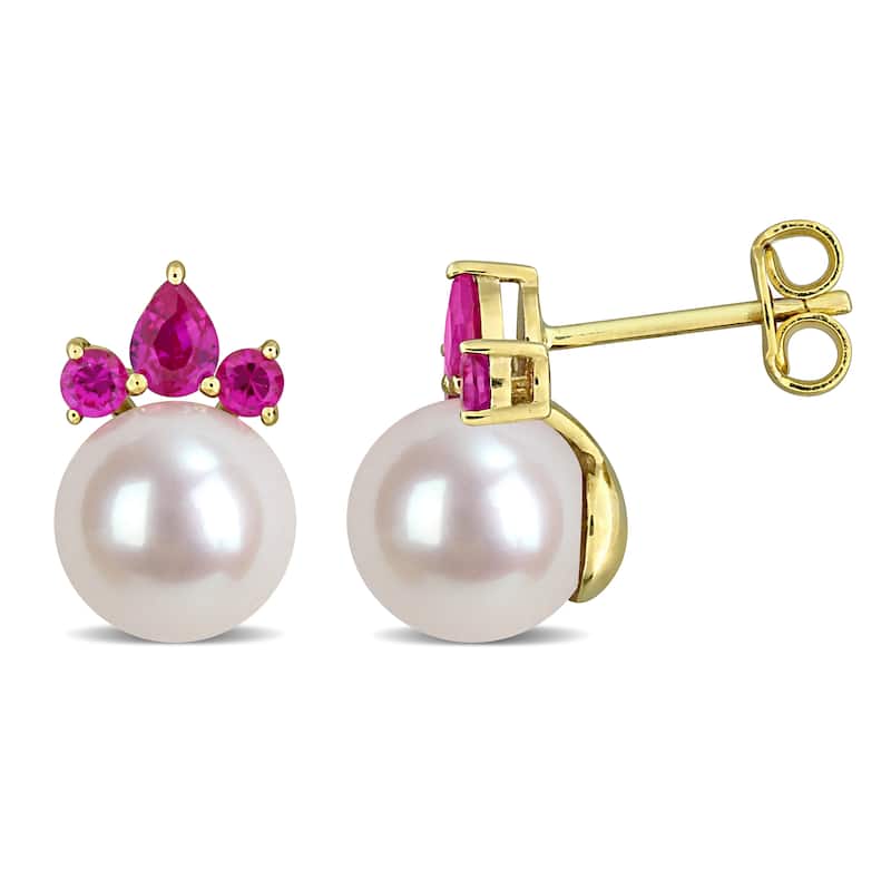 Miadora Cultured Freshwater Pearl and Gemstone Stud Earrings White or Yellow 14k Gold - Red
