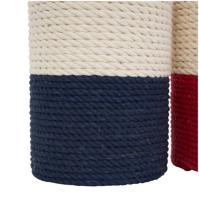 Cream Cotton Fabric Coiled Colorblock Buoy Sculpture with Red and Blue Bases (Set of 2)