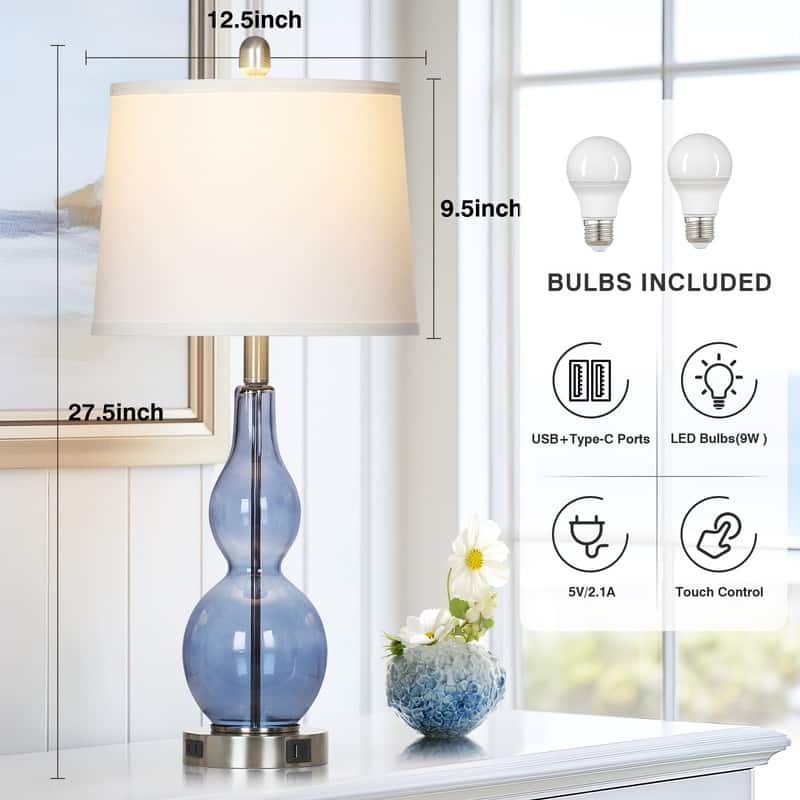 27.5'' Blue Glass Table Lamps with USB-C, USB-A & AC Outlet, Touch Control, Modern Bedside Lamps(Set of 2)